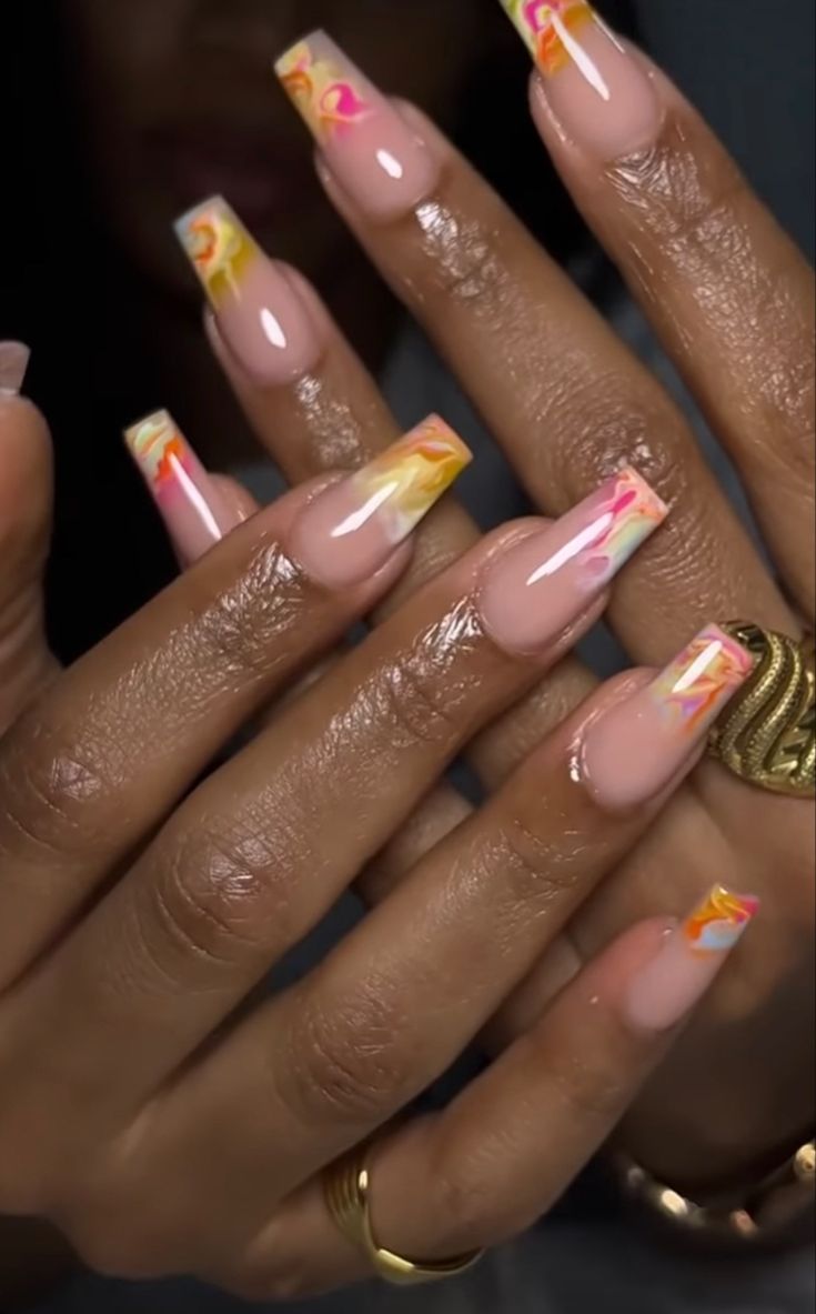 Vibrant Square Nail Art: Playful Orange, Pink, and White Design