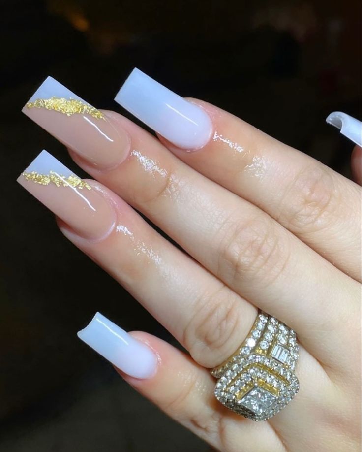 Chic Long Square Nail Design with Soft Nude, Glossy White, and Delicate Gold Accents.