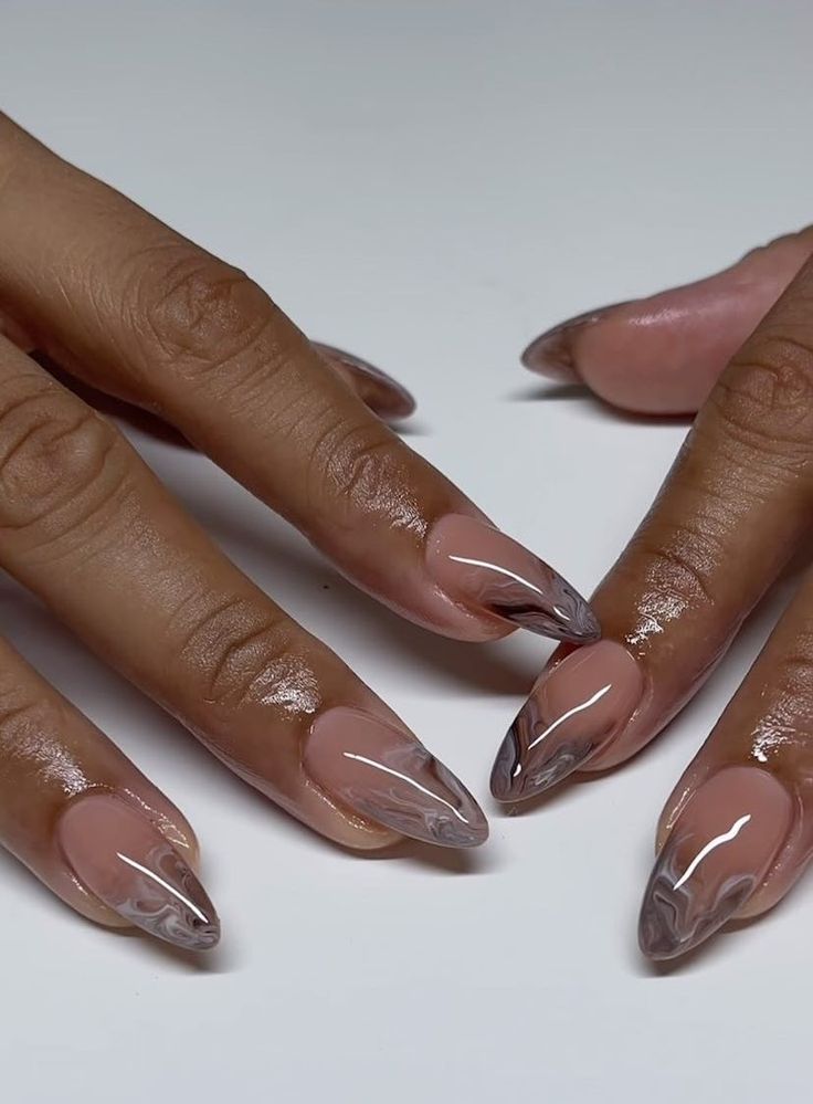 Chic French Tip Nude Nails with Smoky Gray Tips for a Modern Sophistication.