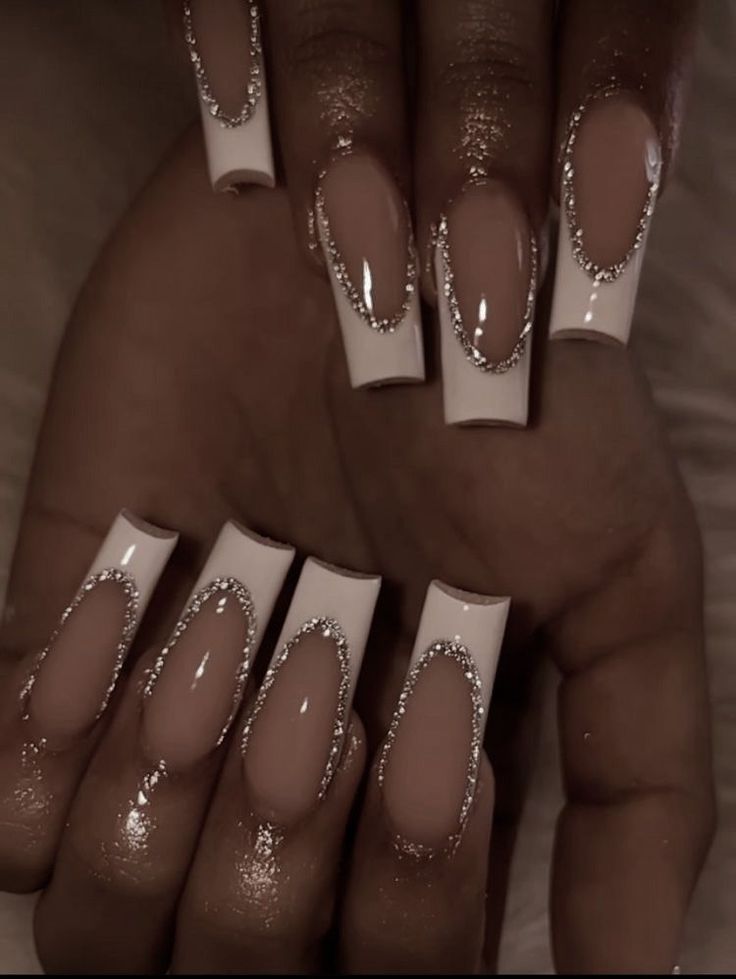 Chic Nude and White Long Square Nail Design with Sparkling Embellishments