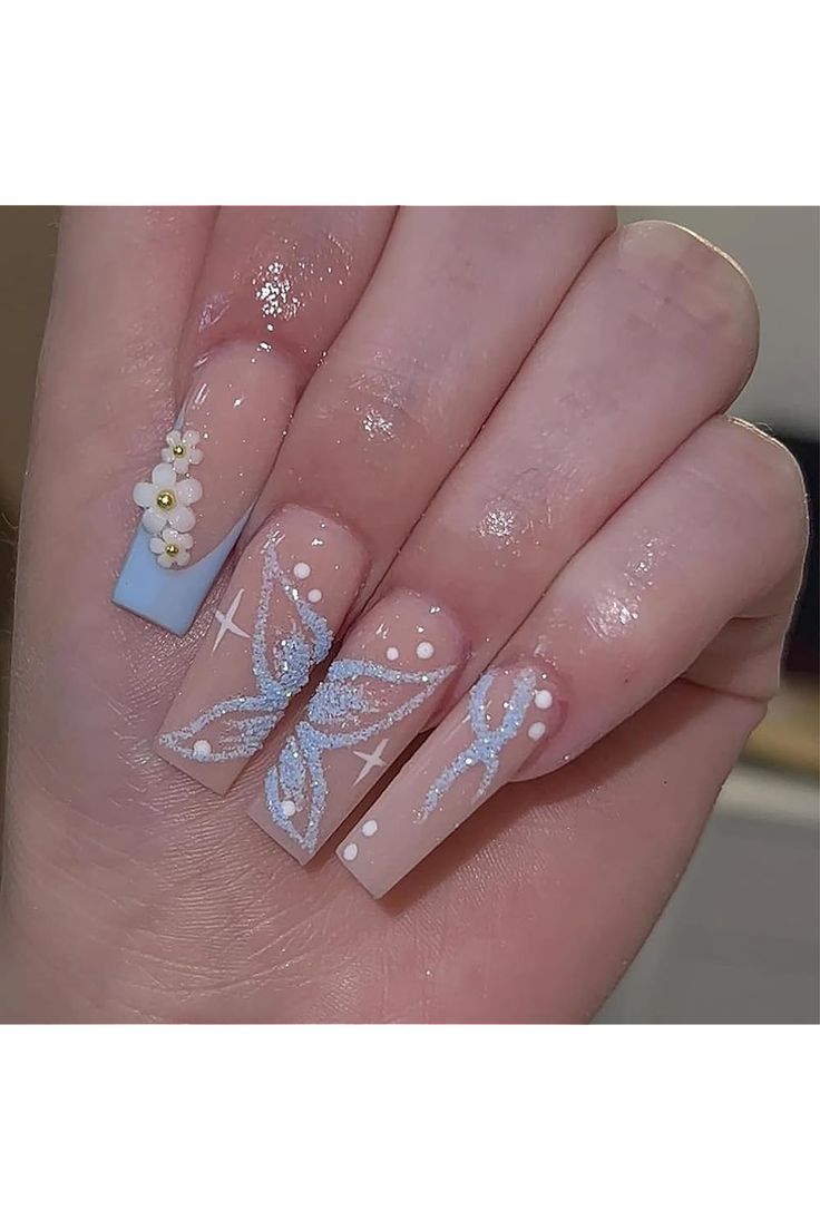 Charming Pastel Nail Design with Butterfly Motifs and Sparkling Elegance.