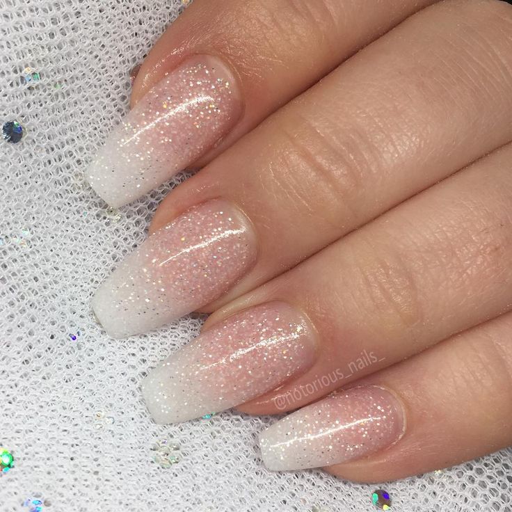 Elegant Glitter Ombre Nails: Soft Pink and White in Coffin Shape