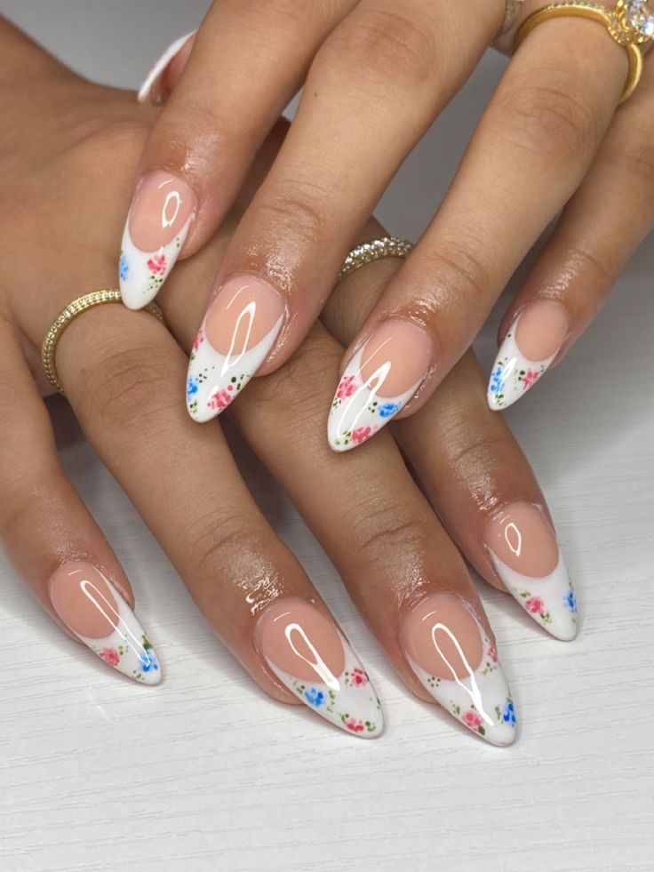 Chic Floral Almond Nail Design with Spring-Inspired Colors