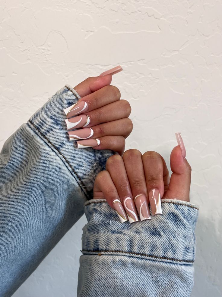 Chic Long Nails with Elegant Pink Base and White Swirl Design