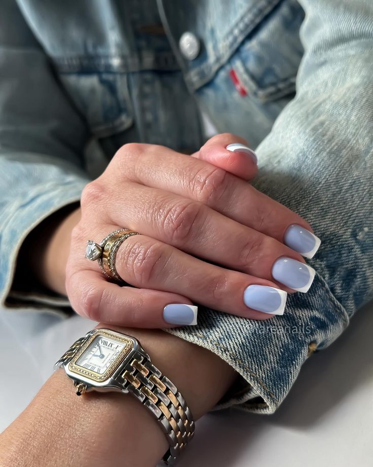 Chic Lavender and White French Manicure with Elegant Accessories for Timeless Sophistication.