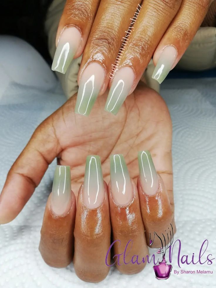 Elegant Gradient Nail Design in Soft Nude and Muted Green Shades.