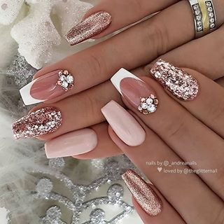 Sophisticated Nail Design: Glossy and Matte Finishes with Glitter and Rhinestone Accents in Soft Pink.