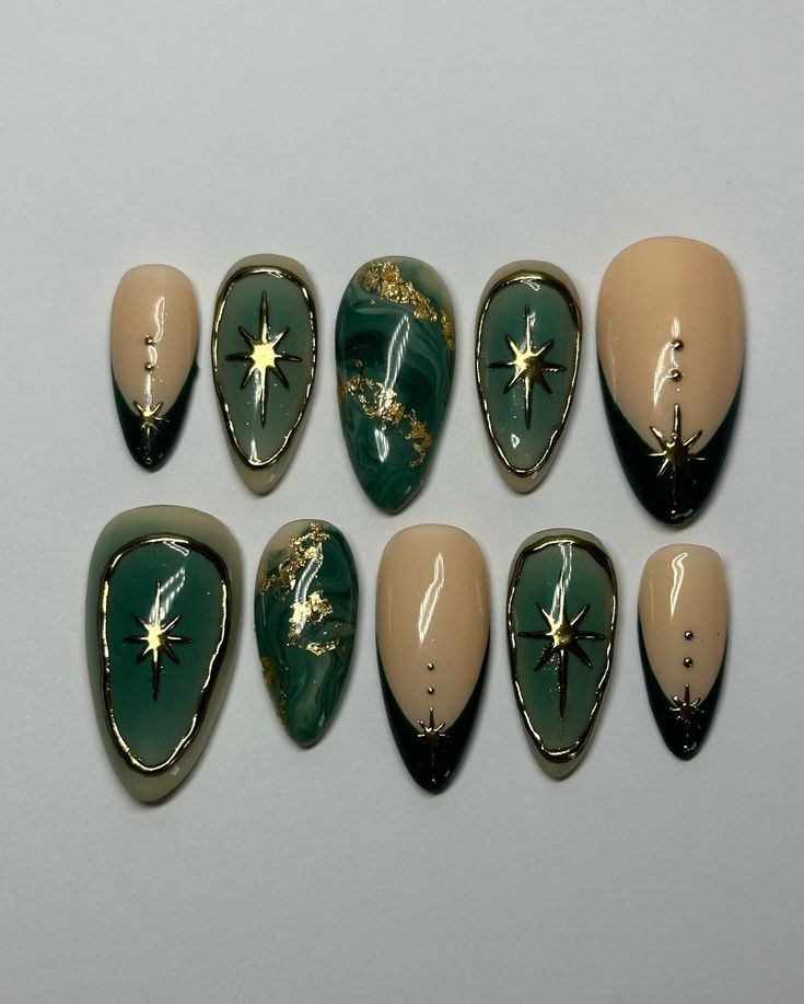 Elegant Nail Design with Beige, Green, and Glamorous Gold Accents