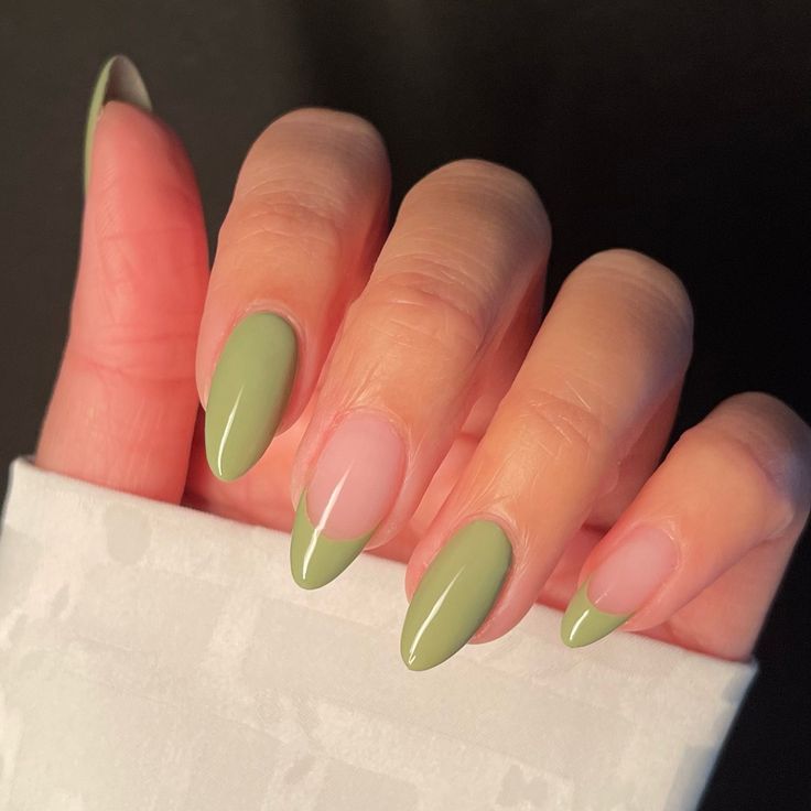 Sophisticated Almond-Shaped Green Nails with Glossy Finish and Chic French Tips.