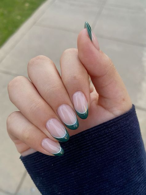 Modern Green French Tip Nail Design with Glossy Finish and Subtle Nude Base.