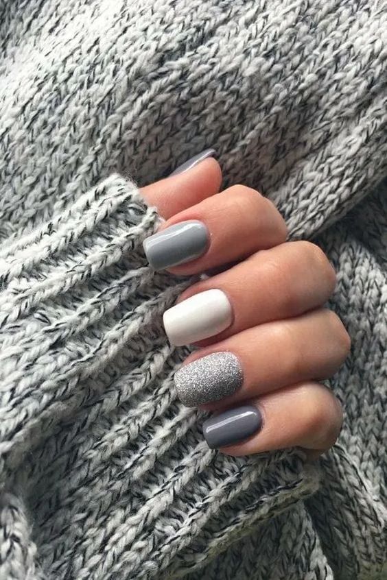 Modern Chic Gray Nail Design with Sparkling Silver Accent.