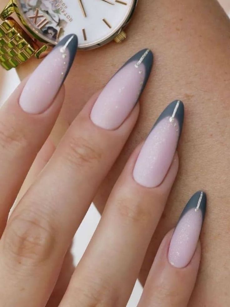 Sophisticated Gradient Nail Design: Soft Pink to Deep Blue with Sparkling Accents