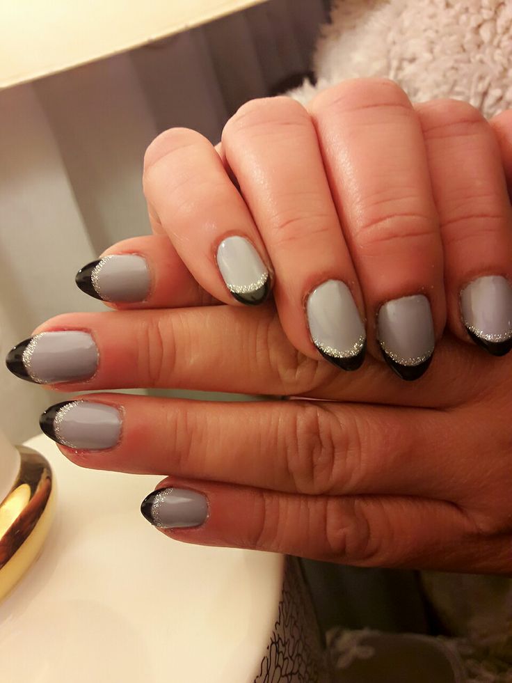 Elegant Gray and Black French Tip Nail Design with Silver Accents