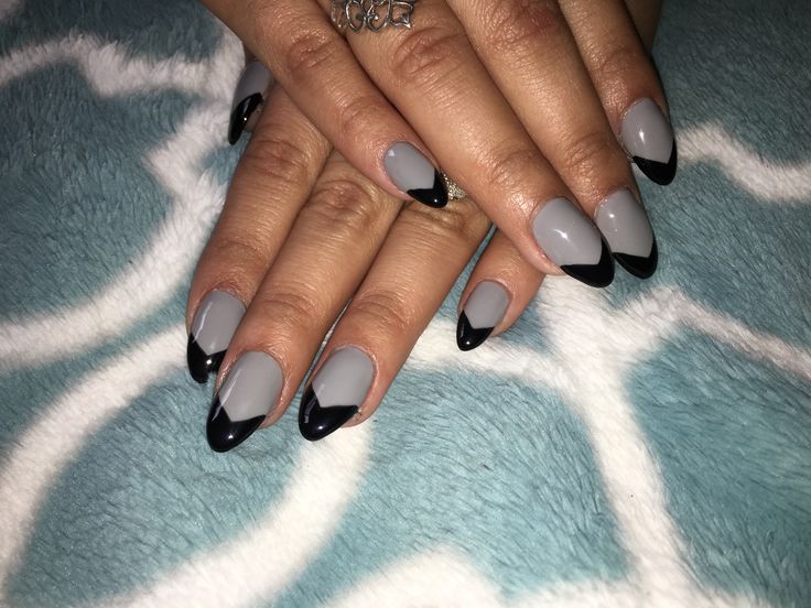 Chic Gray and Black Pointed Nail Design with Modern French Tips for Any Occasion