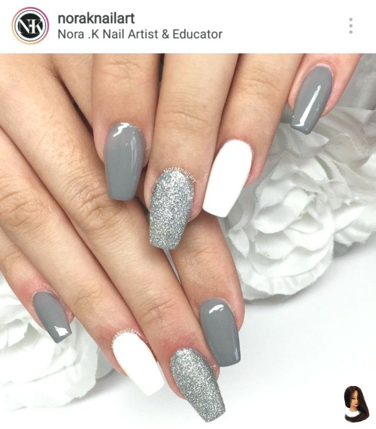 Sophisticated Gray and White Nail Design with Glittery Accents and Contrasting Finishes.