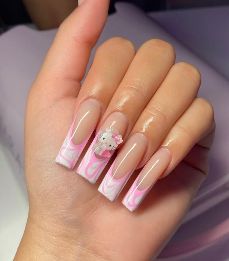 Chic Whimsical Nail Art: Glossy Long Square Nails with Pink Swirls and Charming Character Accents