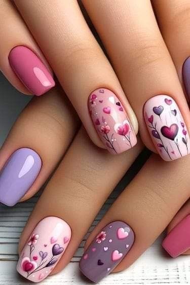 Romantic Colorful Nail Design with Floral Patterns and Heart Motifs