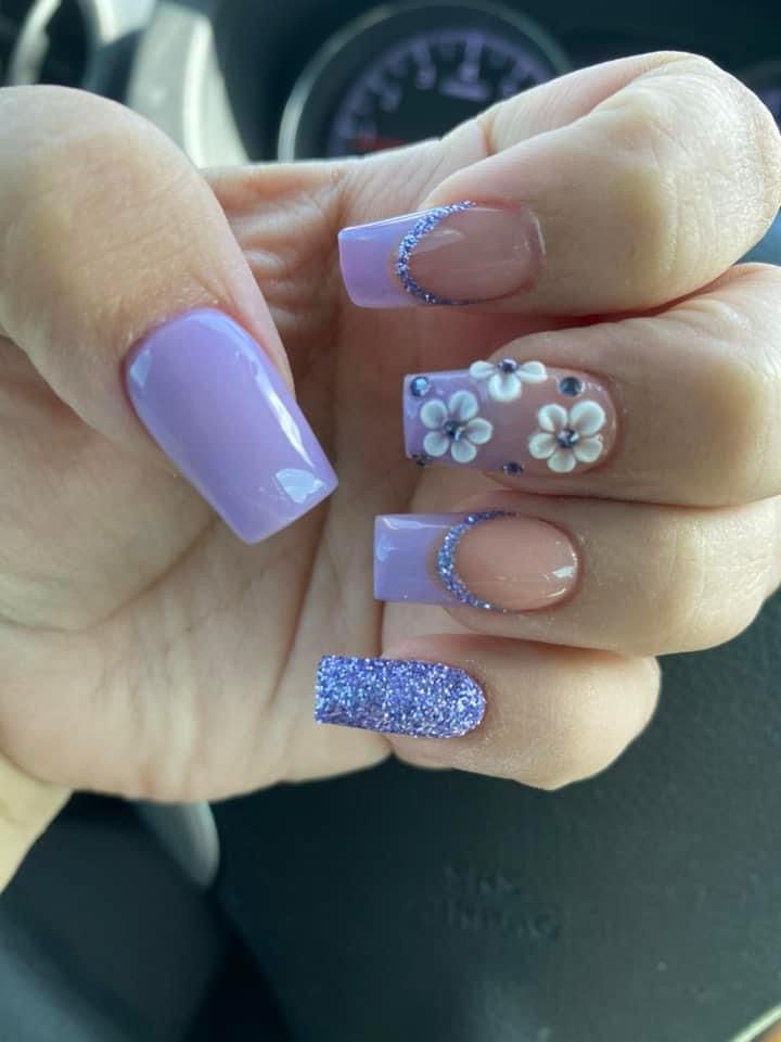 Playful Elegance: Lavender Nail Design with Textures and Embellishments