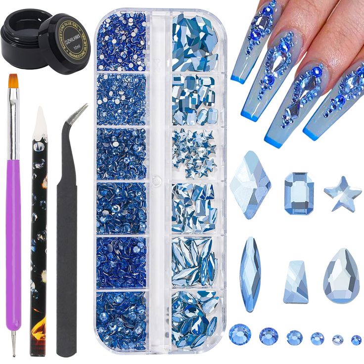 Elegant Blue Gem Nail Design Kit with Essential Tools for Stunning Artistry.