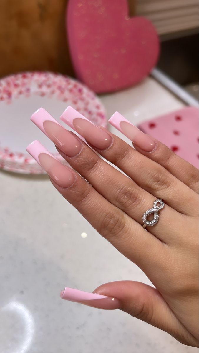 Chic Long Acrylic Nails: Light Pink Base with Glossy White Tips for Elegant Style