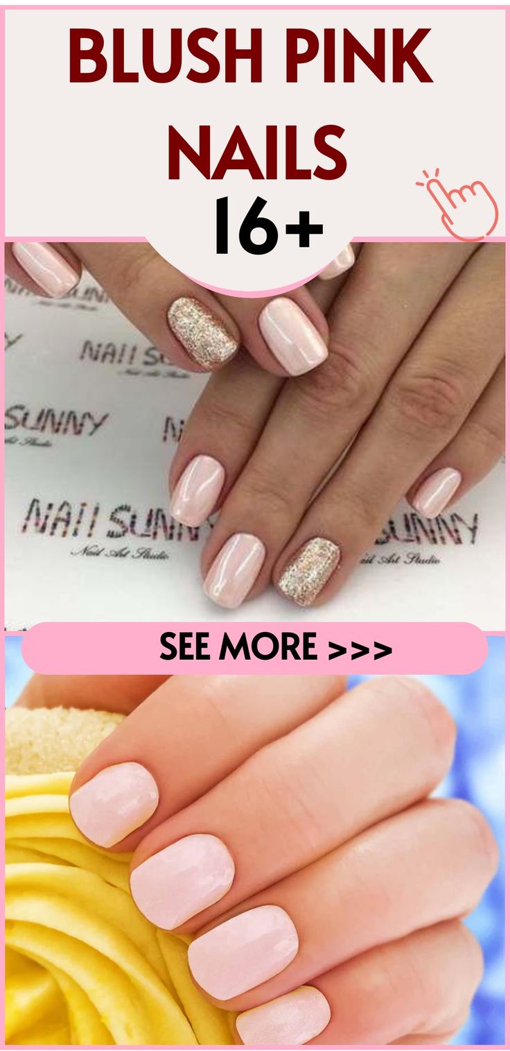 Elegant Blush Pink Nails: A Versatile Blend of Glossy Finishes and Shimmering Accents.