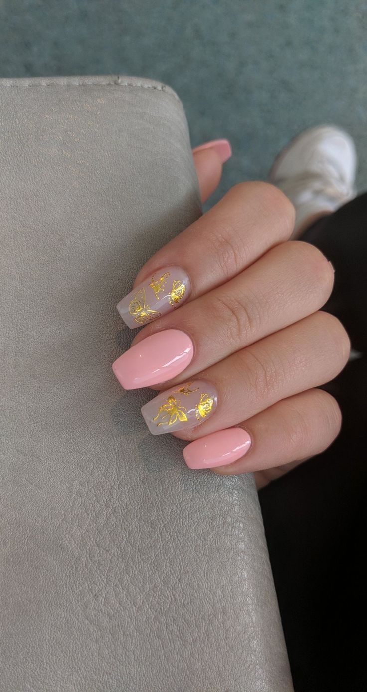 Chic Pink and Transparent Nail Design Accented with Delicate Gold Touches.