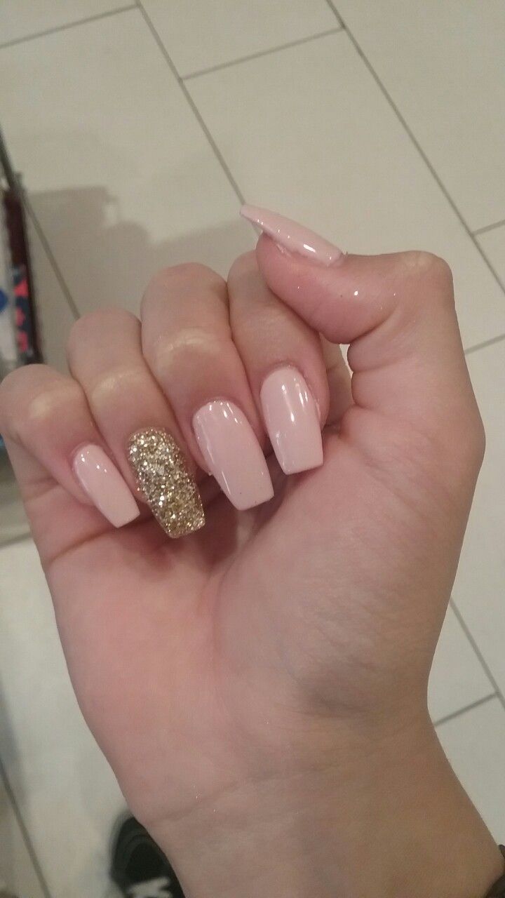 Chic Soft Pink Nail Design with Glamorous Gold Glitter Accent