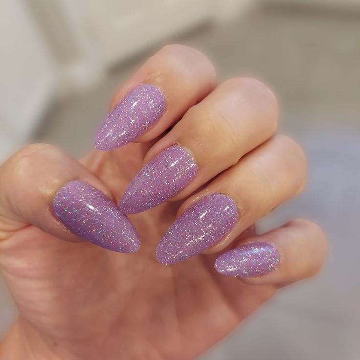 Iridescent Lavender Nails: Elegant Almond-Shaped Design with Shimmering Finish