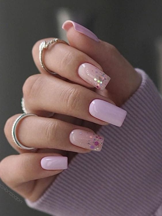 Elegant Delicate Pink Nail Design with Gradient, Glitter, and Sequin Accents