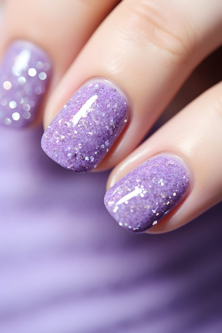 Enchanting Sparkling Lavender Ombre Nails: Whimsical Elegance for Any Occasion.