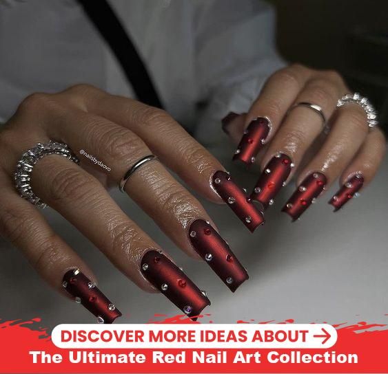 Bold Red Matte Ombre Nail Design with Glossy Tips and Rhinestone Accents for a Glamorous Statement.