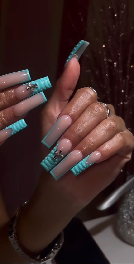 Chic Teal and Clear Nail Design with Textured Details and Silver Accents