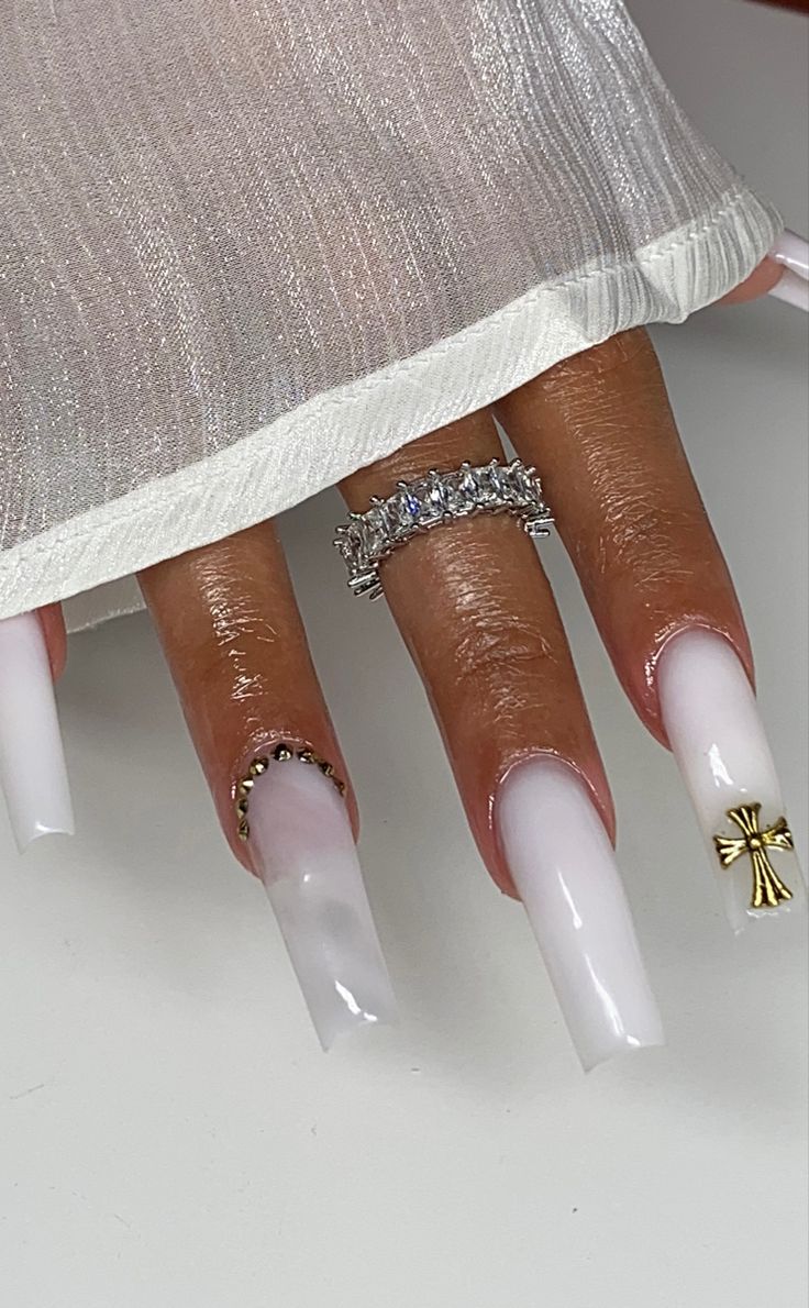 Luxurious Glossy Ombre Long Nails with Gold and Silver Embellishments