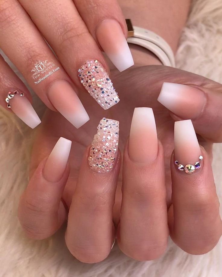 Matte and Shiny Ombre Nail Design with Gem-Embellished Accent for Glamorous Elegance.