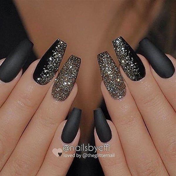 Chic Matte Black and Glitter Nail Design for a Bold Look