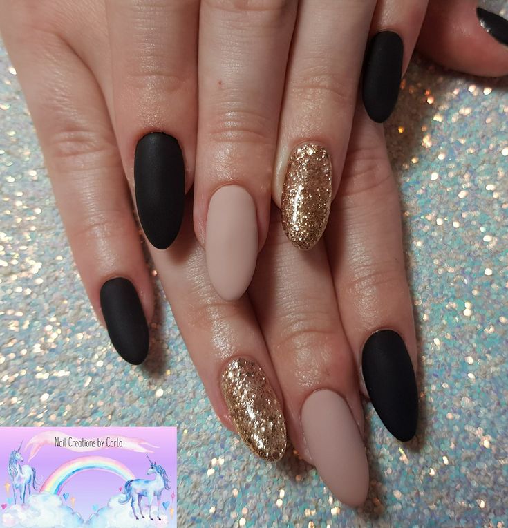 Sophisticated Nail Design: Matte Black and Soft Nude with Gold Glitter Accents