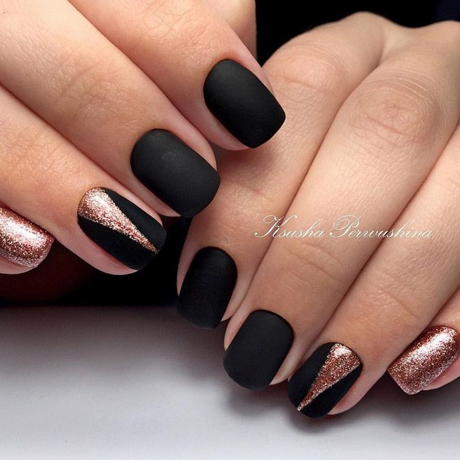 Striking Matte Black and Rose Gold Geometric Nail Art for Glamorous Occasions.