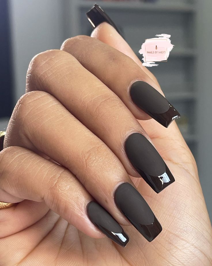 Chic Matte Dark Brown Nails with Glossy Tips for a Stylish Finish.