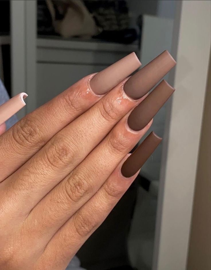 Chic Matte Nail Design: Earthy Gradient with Long Square Tips for Modern Elegance.