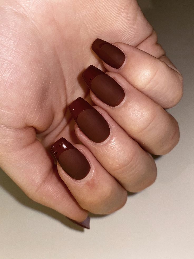 Elegant Brown Nail Design with Glossy Tips and Matte Finish