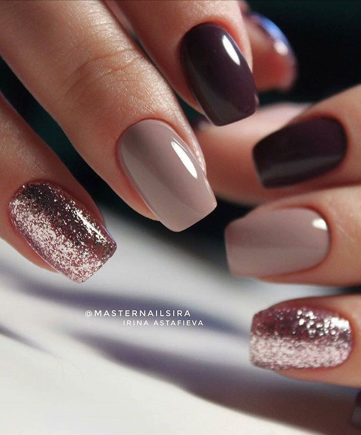 Chic Deep Burgundy and Beige Gradient Nail Design with Sparkling Accent.