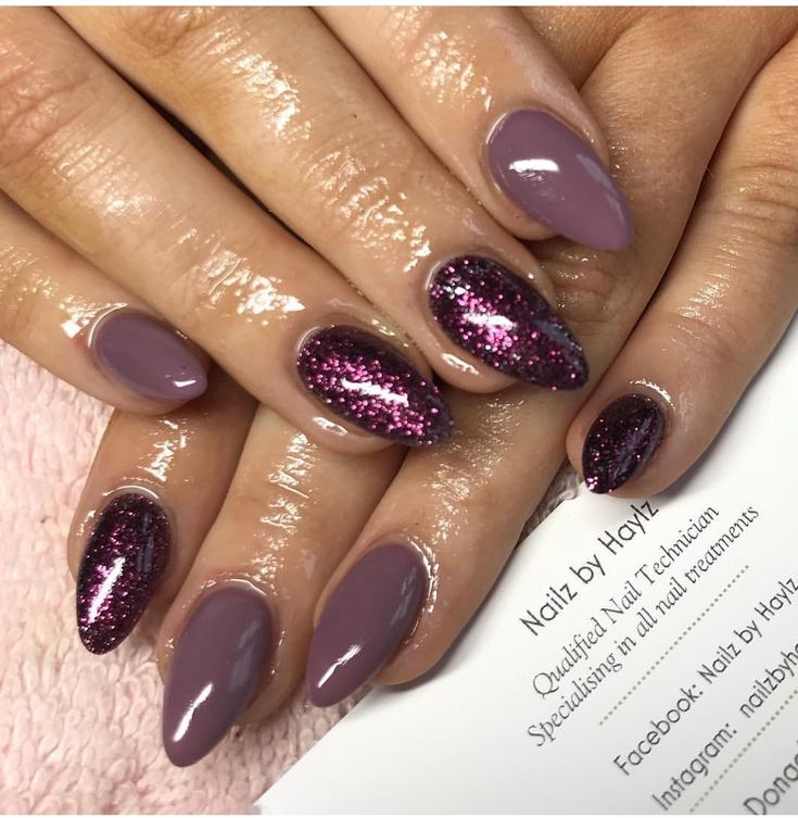 Sophisticated Almond-Shaped Nails with Soft Mauve and Deep Burgundy Glitter