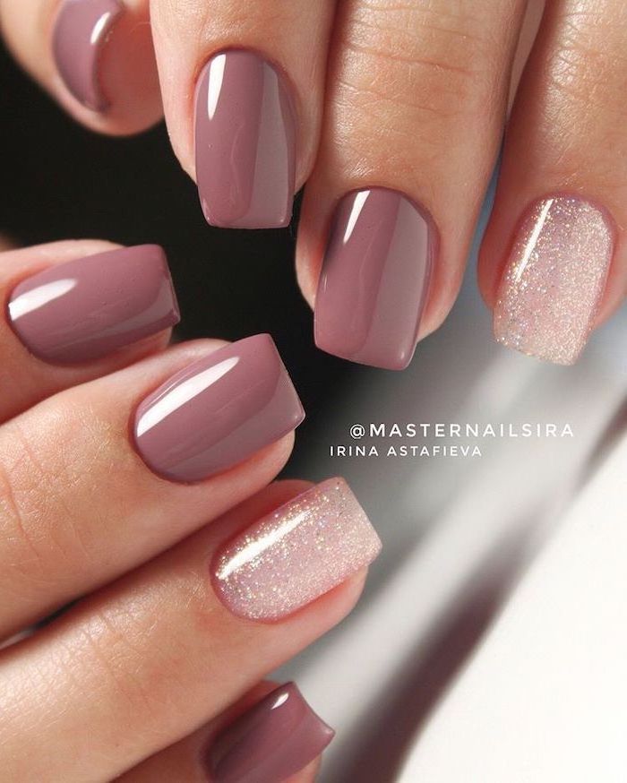 Sophisticated Mauve Nail Design with Sparkling Nude Accents for Every Occasion.