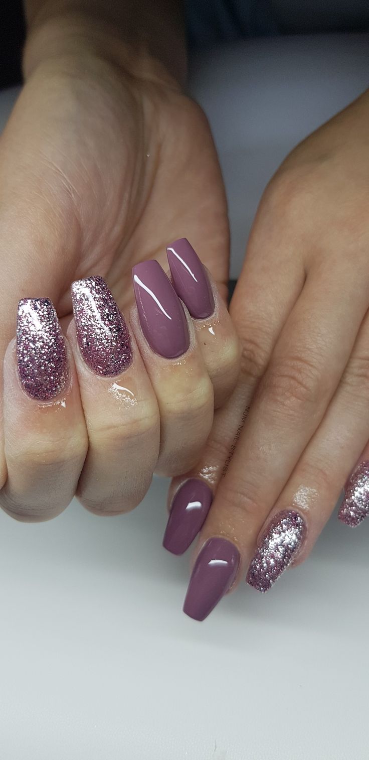 Chic Matte and Glitter Nail Design in Elegant Deep Mauve and Silver Accents