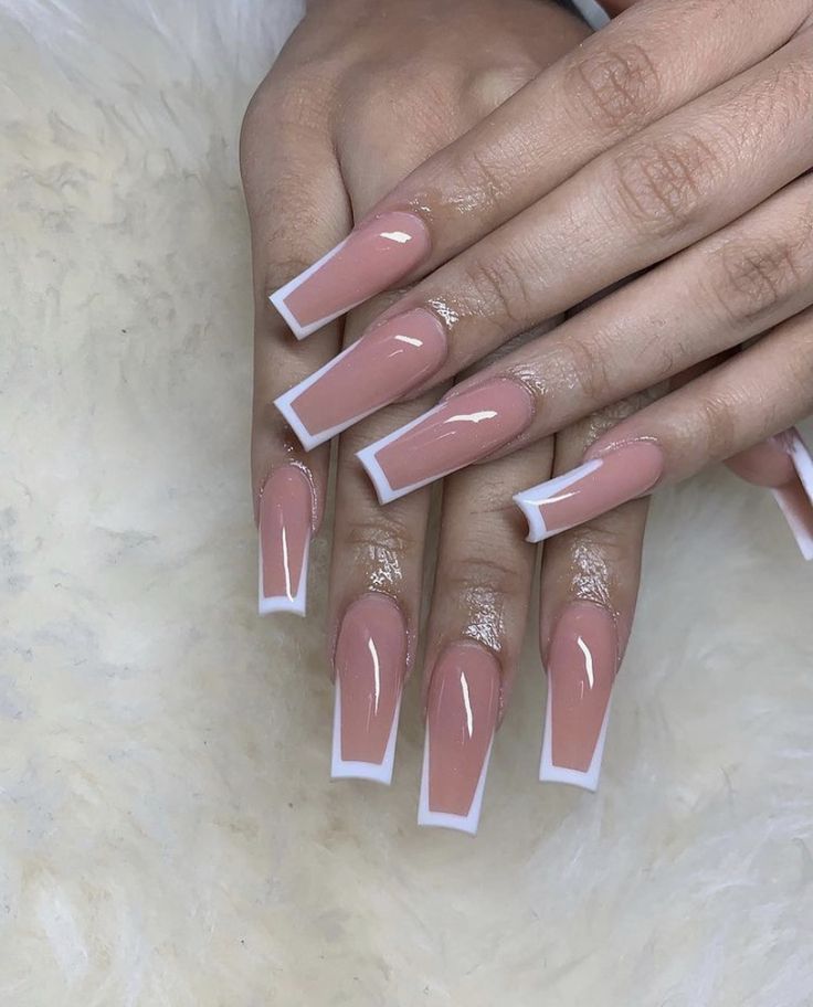 Chic Elegant Nail Design: Long Square Tips with Soft Nude Base and Glossy White French Tips.