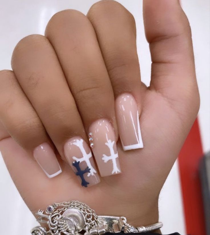 Chic Nude and White Nail Design with Geometric Shapes and Sparkling Accents