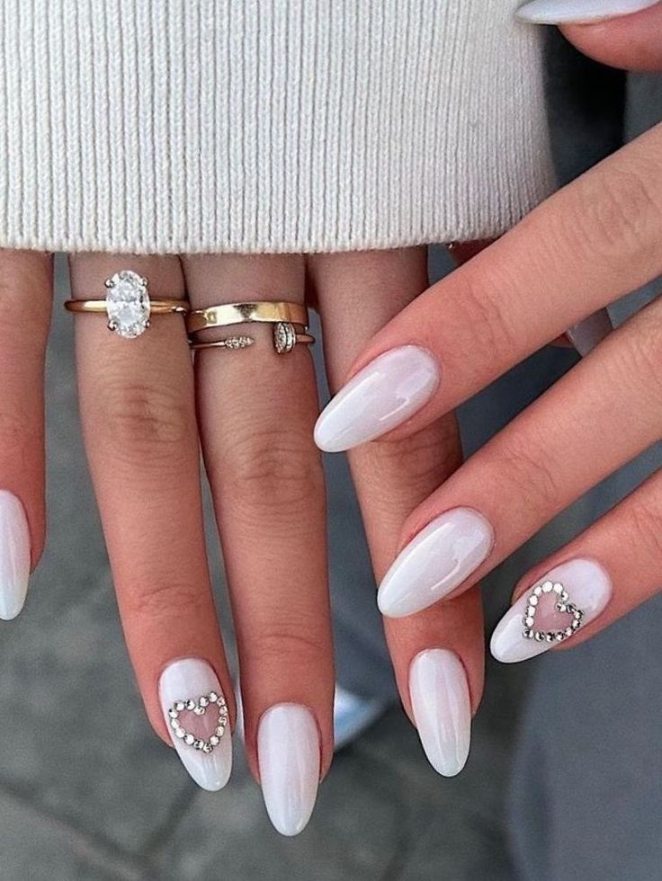 Milky White Nails With Gems