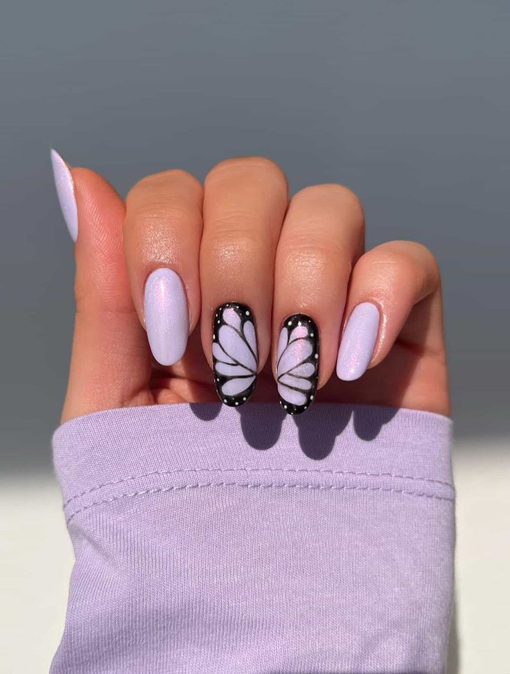 Elegant Lavender Nail Design with Black and White Butterfly Accents