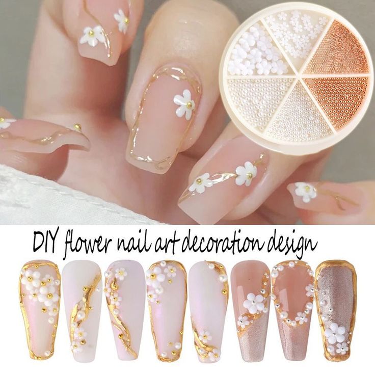 Charming Floral Nail Designs: Delicate Pastels and Golden Accents for Playful Elegance