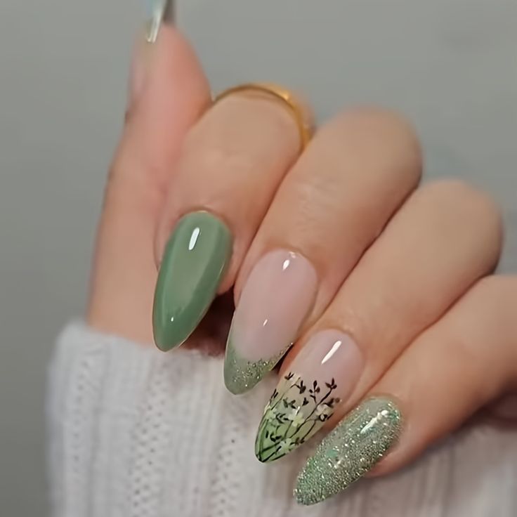 Chic Nail Art: Muted Greens, Glitter, and Floral Elegance.